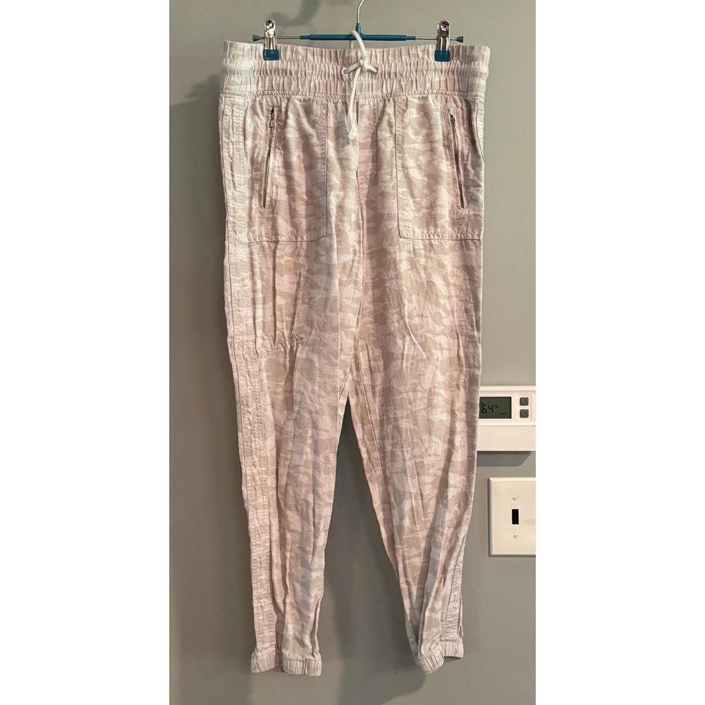 Athleta Cabo Tide Linen Joggers Womens 6 Tan Camo Drawstring Casual Pants
